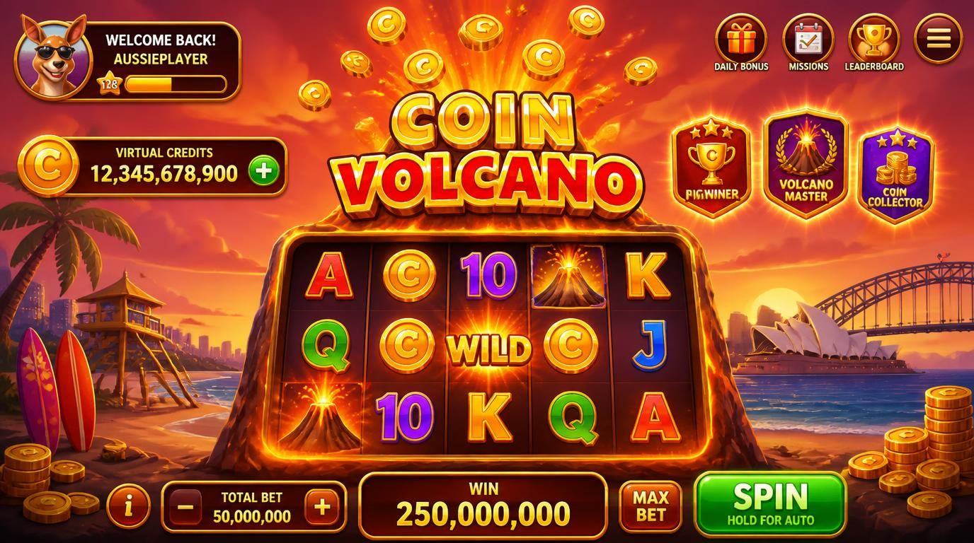 A slot machine erupting coins, showing virtual credits and achievement badges against an Australian beach skyline